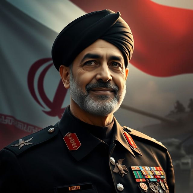 A visually striking portrait of Qasem Soleimani, showcasing his commanding presence and military leadership