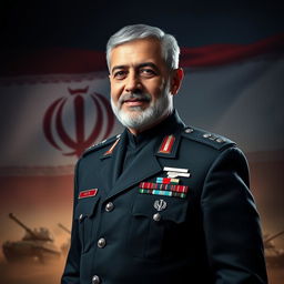 A visually striking portrait of Qasem Soleimani, showcasing his commanding presence and military leadership