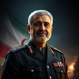 A visually striking portrait of Qasem Soleimani, showcasing his commanding presence and military leadership