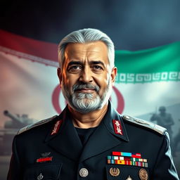 A visually striking portrait of Qasem Soleimani, showcasing his commanding presence and military leadership