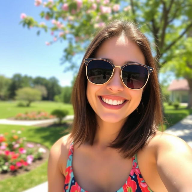 A vibrant selfie taken in a sunny outdoor setting, showcasing a smiling young adult with shoulder-length brown hair and wearing stylish sunglasses