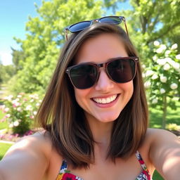 A vibrant selfie taken in a sunny outdoor setting, showcasing a smiling young adult with shoulder-length brown hair and wearing stylish sunglasses