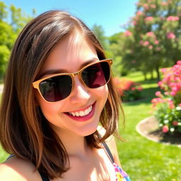 A vibrant selfie taken in a sunny outdoor setting, showcasing a smiling young adult with shoulder-length brown hair and wearing stylish sunglasses