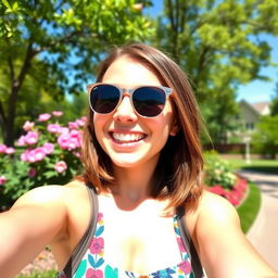 A vibrant selfie taken in a sunny outdoor setting, showcasing a smiling young adult with shoulder-length brown hair and wearing stylish sunglasses
