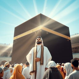 A serene and majestic scene of Imam Mahdi appearing in the Kaaba, surrounded by an atmosphere of spirituality and reverence