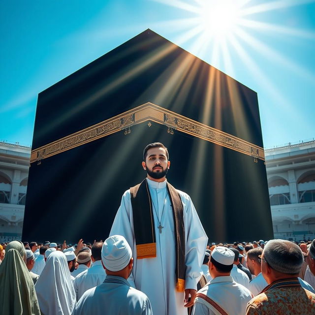 A serene and majestic scene of Imam Mahdi appearing in the Kaaba, surrounded by an atmosphere of spirituality and reverence