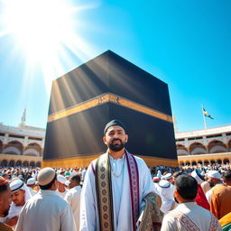 A serene and majestic scene of Imam Mahdi appearing in the Kaaba, surrounded by an atmosphere of spirituality and reverence