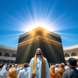 A serene and majestic scene of Imam Mahdi appearing in the Kaaba, surrounded by an atmosphere of spirituality and reverence