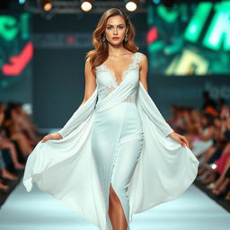 A fashion model confidently posing on a runway, wearing a stunning, elegant white outfit that drapes beautifully around the body