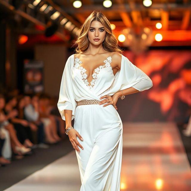 A fashion model confidently posing on a runway, wearing a stunning, elegant white outfit that drapes beautifully around the body