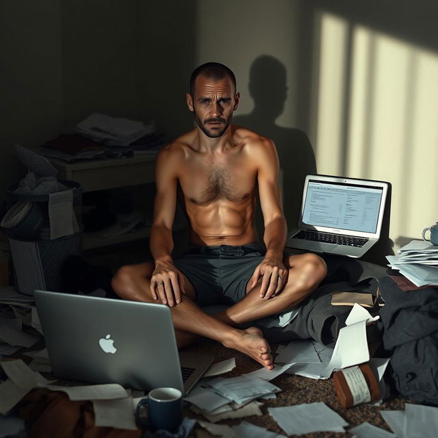 A skinny man sitting in a cluttered and messy room, showcasing a stressed disposition