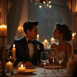 A sensual and intimate scene depicting an elegant couple enjoying a romantic dinner by candlelight, surrounded by warm, soft colors