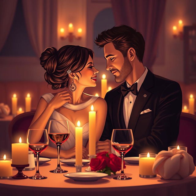 A sensual and intimate scene depicting an elegant couple enjoying a romantic dinner by candlelight, surrounded by warm, soft colors