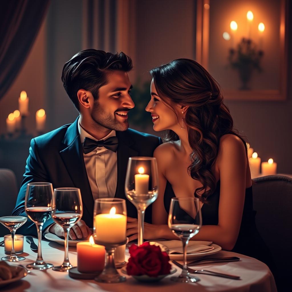 A sensual and intimate scene depicting an elegant couple enjoying a romantic dinner by candlelight, surrounded by warm, soft colors