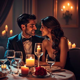 A sensual and intimate scene depicting an elegant couple enjoying a romantic dinner by candlelight, surrounded by warm, soft colors