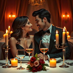 A sensual and intimate scene depicting an elegant couple enjoying a romantic dinner by candlelight, surrounded by warm, soft colors
