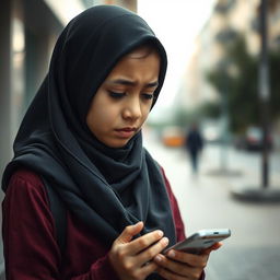 A teenage girl wearing a hijab, holding a smartphone in her hand, looking sad and very unmotivated