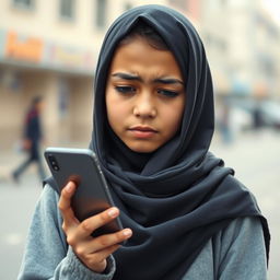 A teenage girl wearing a hijab, holding a smartphone in her hand, looking sad and very unmotivated