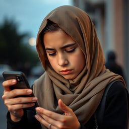 A teenage girl wearing a hijab, holding a smartphone in her hand, looking sad and very unmotivated