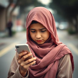 A teenage girl wearing a hijab, holding a smartphone in her hand, looking sad and very unmotivated