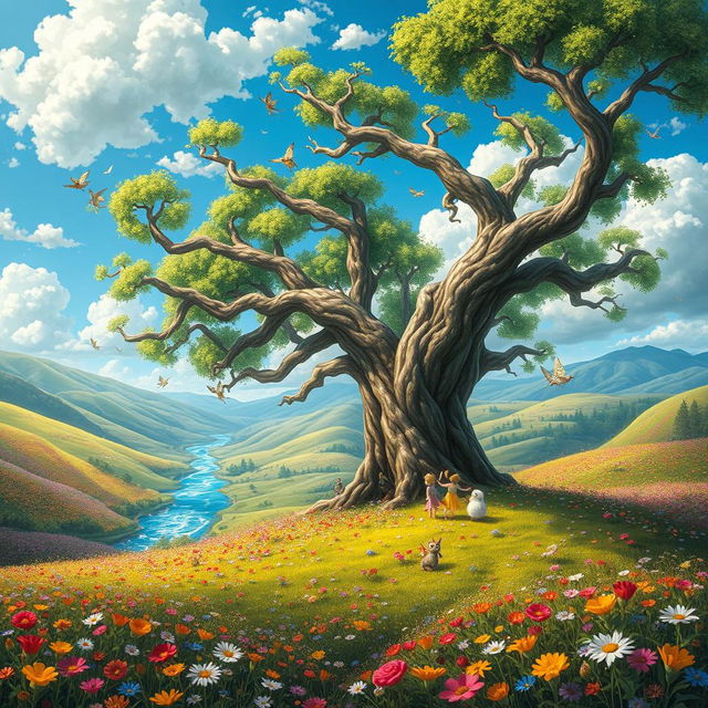 A vibrant, fantasy landscape featuring lush, rolling hills covered in wildflowers of various colors, a sparkling river winding through the scene, and a bright blue sky scattered with fluffy white clouds