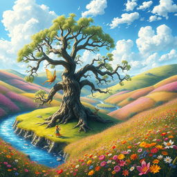 A vibrant, fantasy landscape featuring lush, rolling hills covered in wildflowers of various colors, a sparkling river winding through the scene, and a bright blue sky scattered with fluffy white clouds