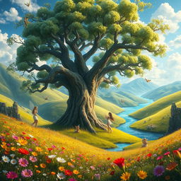 A vibrant, fantasy landscape featuring lush, rolling hills covered in wildflowers of various colors, a sparkling river winding through the scene, and a bright blue sky scattered with fluffy white clouds