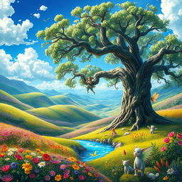 A vibrant, fantasy landscape featuring lush, rolling hills covered in wildflowers of various colors, a sparkling river winding through the scene, and a bright blue sky scattered with fluffy white clouds