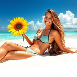 A stunning woman lounging on a luxurious beach, enjoying the sun with a sunflower in hand