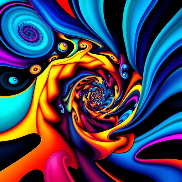 A stunning optical illusion artwork featuring a vibrant and colorful abstract design, where shapes twist and blend seamlessly into one another, creating a mesmerizing depth