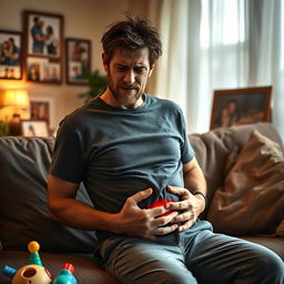 A heartfelt portrait of a single father at home, visibly in severe pain