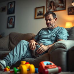 A warm and intimate scene depicting a single father at home, sitting on a comfortable couch with a pained expression due to severe leg pain