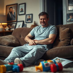 A warm and intimate scene depicting a single father at home, sitting on a comfortable couch with a pained expression due to severe leg pain
