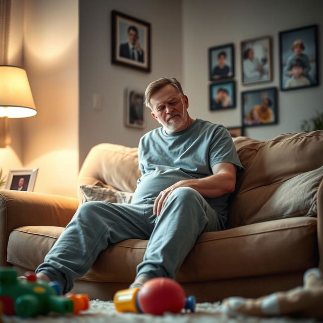 A warm and intimate scene depicting a single father at home, sitting on a comfortable couch with a pained expression due to severe leg pain