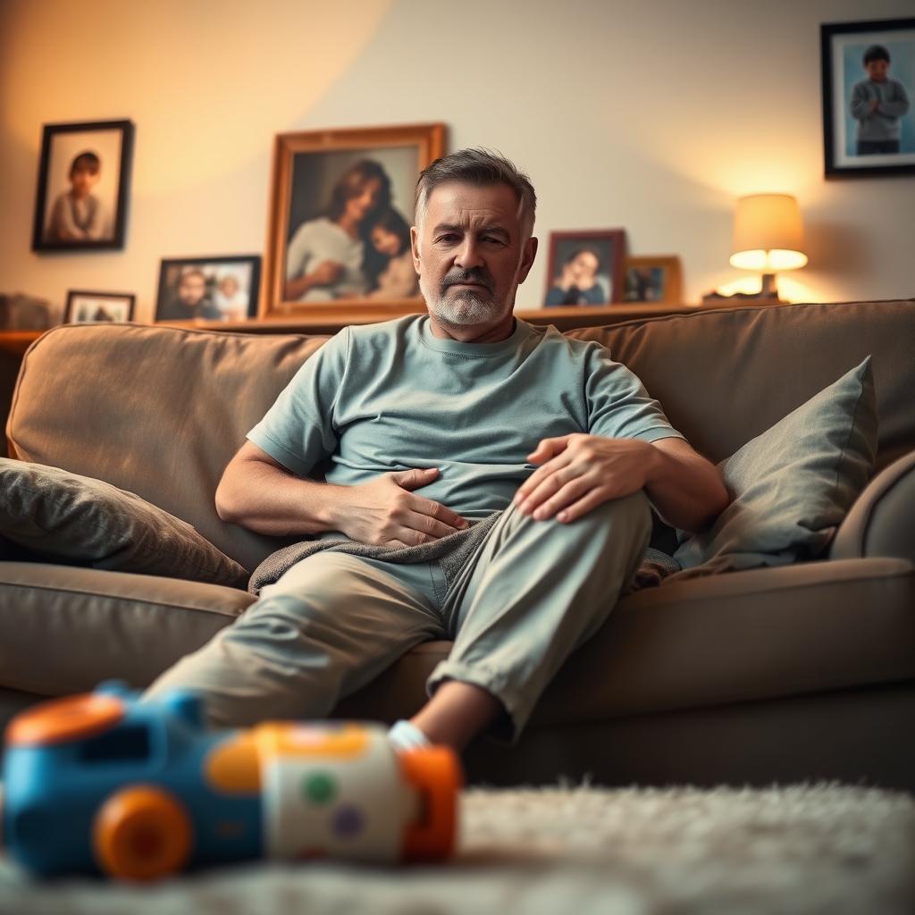 A warm and intimate scene depicting a single father at home, sitting on a comfortable couch with a pained expression due to severe leg pain