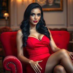 A striking image of an alluring adult woman seated on a plush velvet chair, wearing an elegant, form-fitting red dress that accentuates her curves