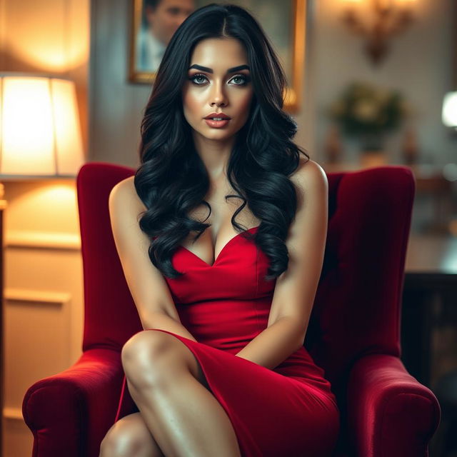 A striking image of an alluring adult woman seated on a plush velvet chair, wearing an elegant, form-fitting red dress that accentuates her curves