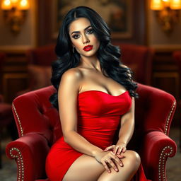 A striking image of an alluring adult woman seated on a plush velvet chair, wearing an elegant, form-fitting red dress that accentuates her curves