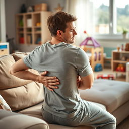 A stay-at-home dad sitting on a couch, visibly experiencing discomfort due to severe back pain