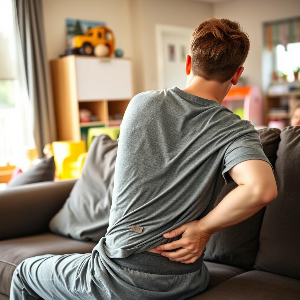 A stay-at-home dad sitting on a couch, visibly experiencing discomfort due to severe back pain