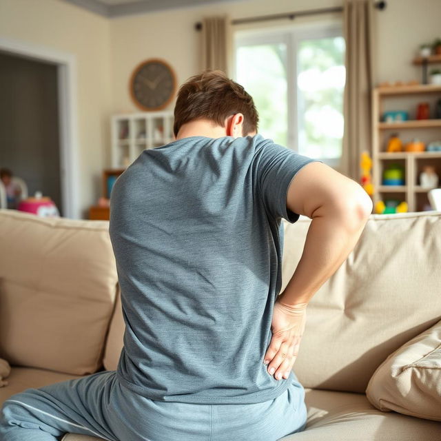 A stay-at-home dad sitting on a couch, visibly experiencing discomfort due to severe back pain