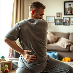 A single father sitting at home, looking contemplative as he holds his lower back with one hand and rubs his thigh with the other