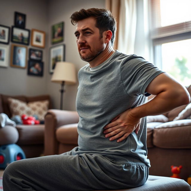 A single father sitting at home, looking contemplative as he holds his lower back with one hand and rubs his thigh with the other