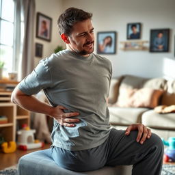 A single father sitting at home, looking contemplative as he holds his lower back with one hand and rubs his thigh with the other