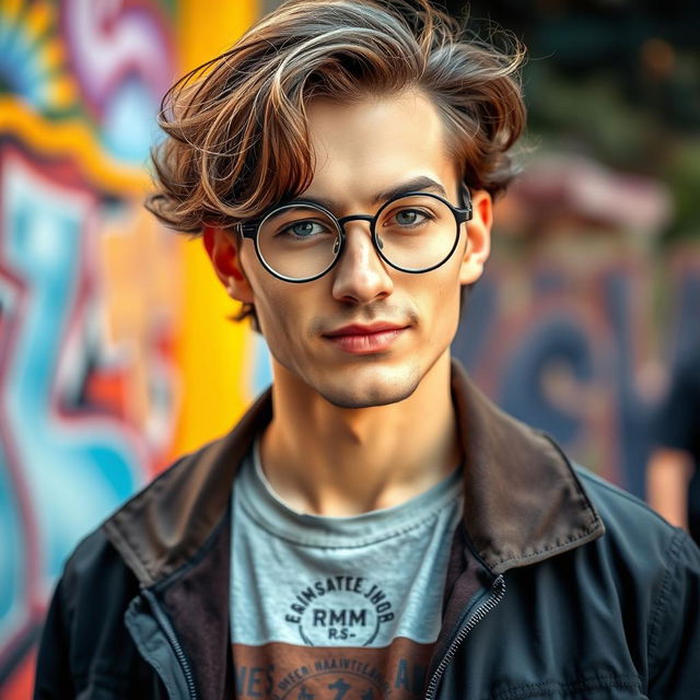 A stylish man with wavy hair wearing round glasses, showcasing a confident expression