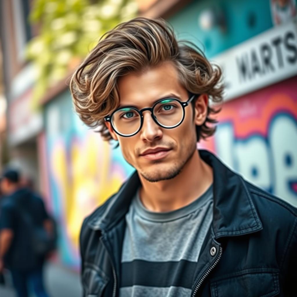 A stylish man with wavy hair wearing round glasses, showcasing a confident expression