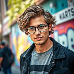 A stylish man with wavy hair wearing round glasses, showcasing a confident expression