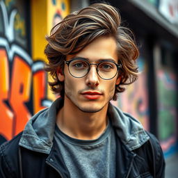 A stylish man with wavy hair wearing round glasses, showcasing a confident expression
