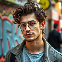A stylish man with wavy hair wearing round glasses, showcasing a confident expression