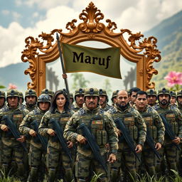 A fierce and determined army stands proudly in front of a large, ornate mirror, reflecting their power and unity